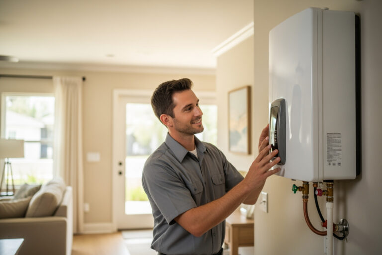 Technician inspecting a tankless water heater in a St. Petersburg, FL home - "I need to find a local company for tankless water heater repair in the St. Pete area."