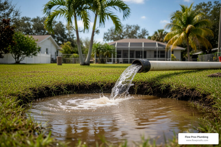 water main break in a St. Petersburg residential yard with palm trees in the background - main line repair in st petersburg fl