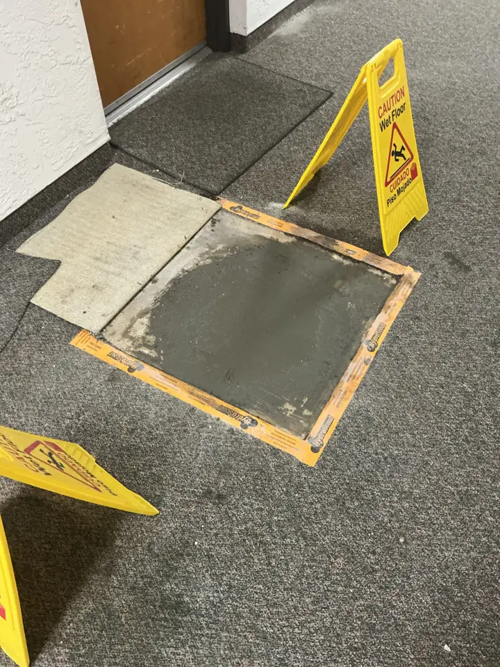 Patched concrete slab in a carpeted hallway after a Flow Pros slab leak repair in Clearwater, FL